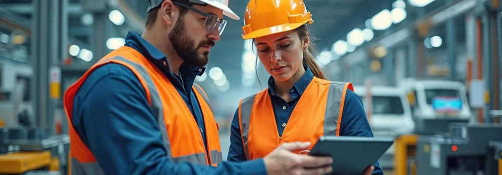 Two crew members reviewing the same cloud project data on a tablet
