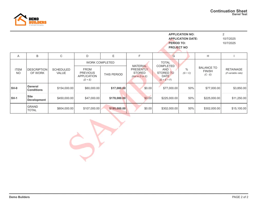 A G703-style continuation sheet from Werx, where stored materials carry their own column beside work completed.