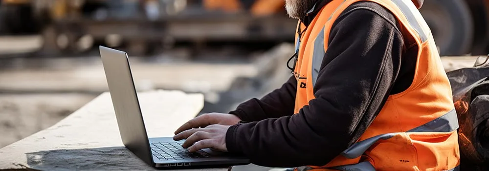 Contractor writing a local project update on his laptop at the jobsite