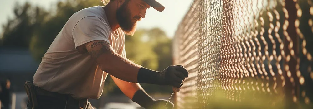 A fence contractor works on an installed chain link fence, completed work that a notice of intent to lien helps you collect on