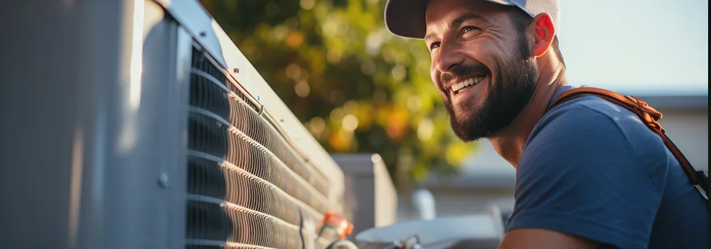 An HVAC tech works on a condenser unit at a customer's home; with crews spread across jobs, weekly timesheets leave you guessing