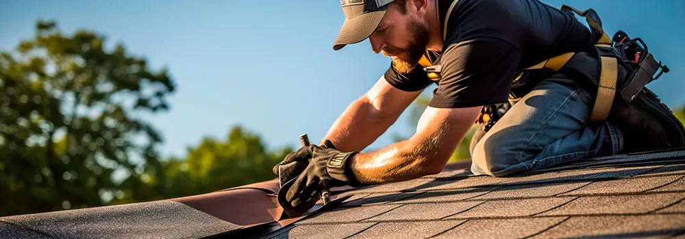 A roofer with a clipboard checks shingles at the roof edge, gathering the field details early construction estimates are built on