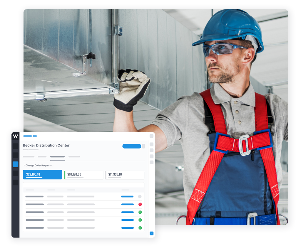 Technician in safety gear inspecting HVAC equipment, with the 'Werx Construction' app interface displaying financial data for Becker Distribution Center on the side.